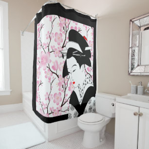 cherry blossom japanese geisha pink black white shower curtain