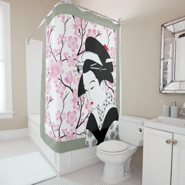 cherry blossom japanese geisha pink grey grey 2 shower curtain (In Situ)