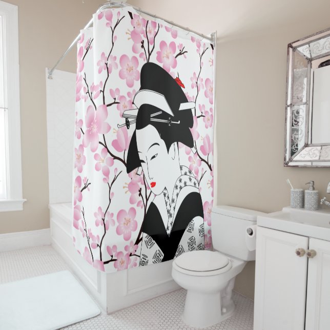 cherry blossom japanese geisha pink white shower curtain (In Situ)