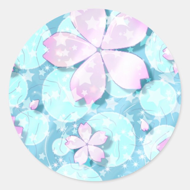 Cherry Blossom Japanese Kawaii Pond Classic Round Sticker (Front)