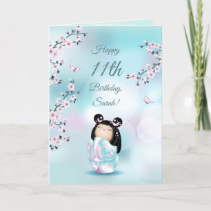 Cherry Blossom Kokeshi Doll   Girls Birthday Pink Card
