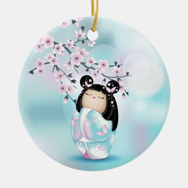 Cherry Blossom Kokeshi Doll Pink Turquoise Ceramic Tree Decoration (Front)
