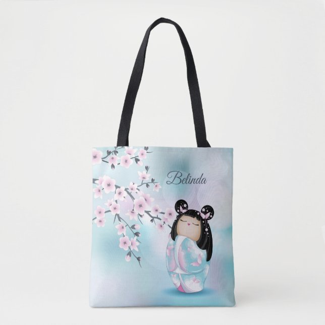 Cherry Blossom Kokeshi Doll Pink Turquoise Name Tote Bag (Front)