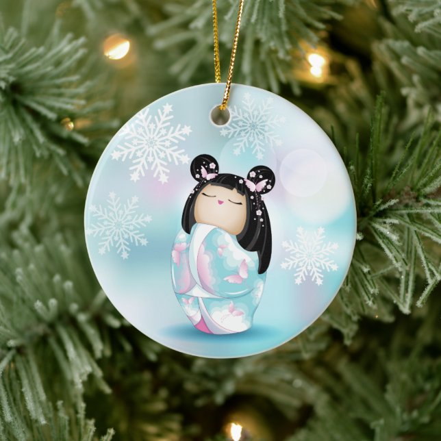 Cherry Blossom Kokeshi Doll Winter Snowflakes Ceramic Tree Decoration (Tree)