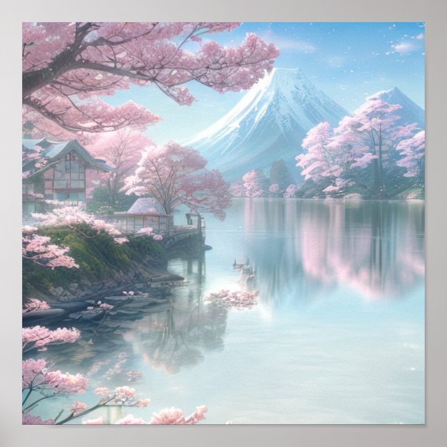 Cherry Blossom Lake in Mist Poster (Front)