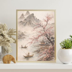 cherry blossom landscape asian mountain art poster