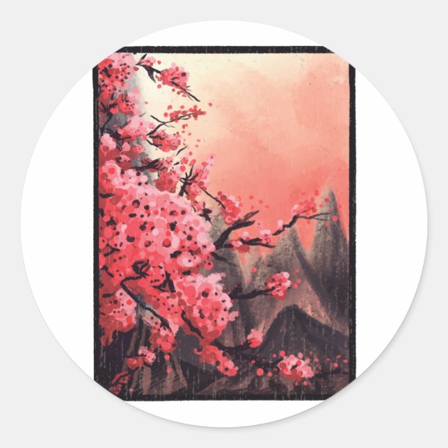 Cherry blossom landscape classic round sticker (Front)