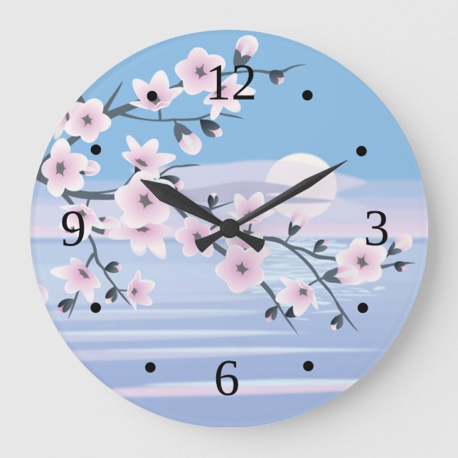 Cherry Blossom Landscape Sea Pink Blue Large Clock (Front)