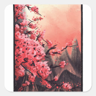 Cherry blossom landscape square sticker
