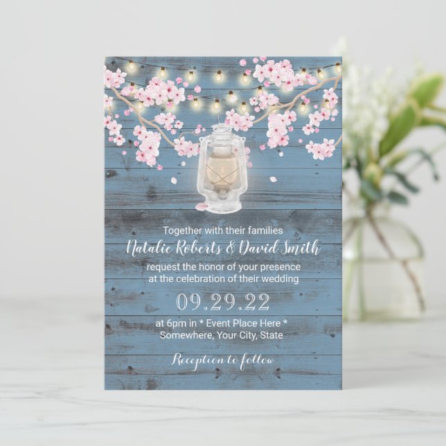 Cherry Blossom Lantern Dusty Blue Barn Wedding Invitation (Standing Front)