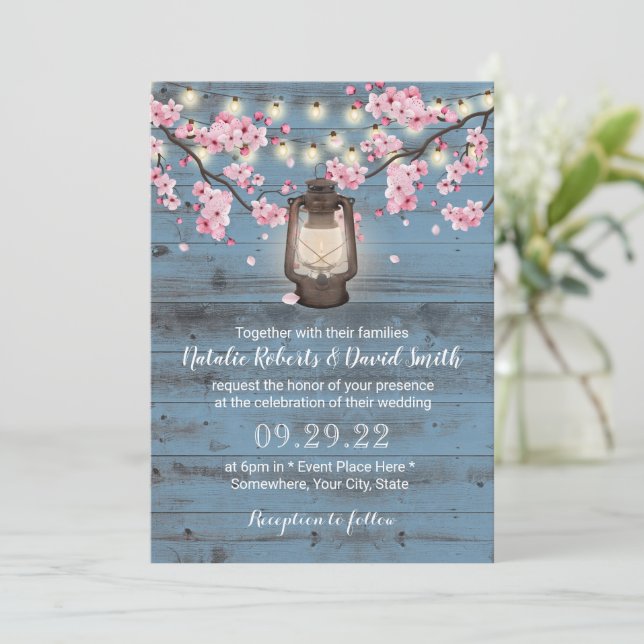 Cherry Blossom Lantern Dusty Blue Rustic Wedding Invitation (Standing Front)