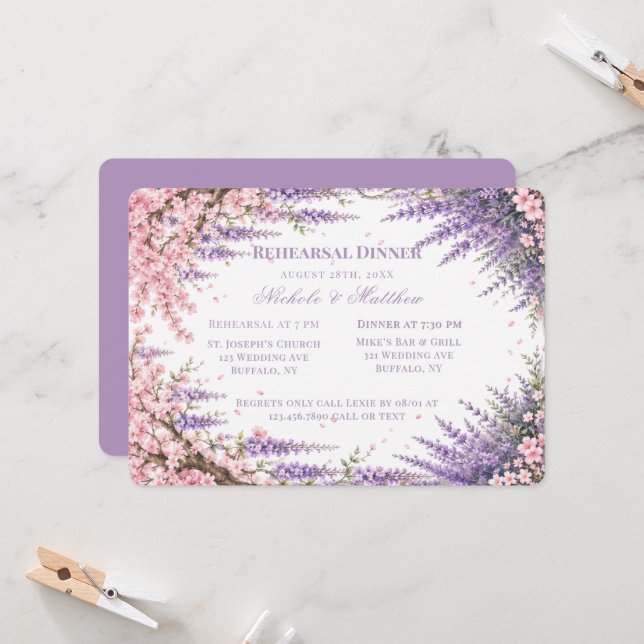 Cherry Blossom & Lavender Tree Rehearsal Dinner Invitation (Front/Back In Situ)
