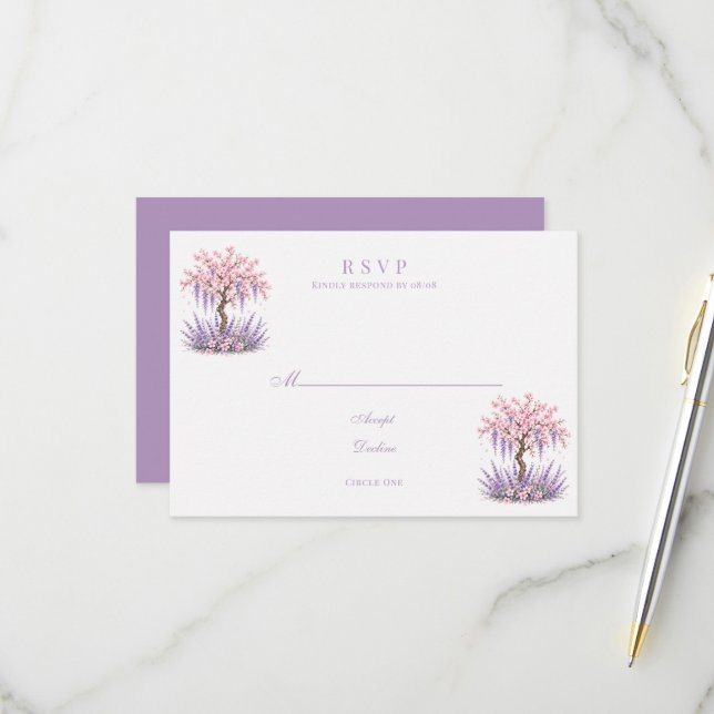 Cherry Blossom Lavender Tree Wedding RSVP Card (Front/Back In Situ)