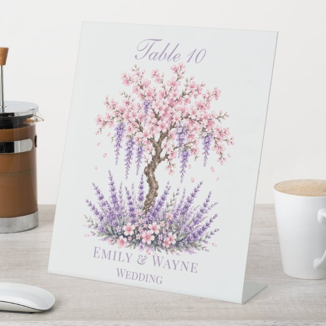 Cherry Blossom Lavender Tree Wedding Table Numbers Pedestal Sign (In SItu)