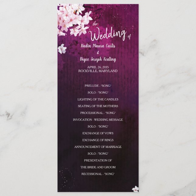 Cherry Blossom Long Vertical Wedding Flat Program Programme (Front)