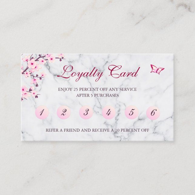 Cherry Blossom Loyalty Card Pink Gray Marble (Front)