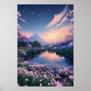 Cherry Blossom Magic at the Mountain Lake Poster