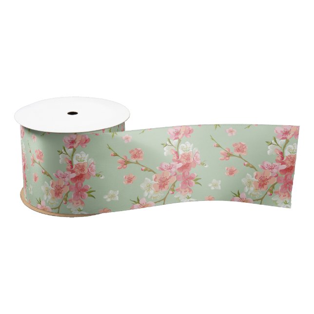 Cherry blossom,mint,jade,trendy,beautiful,pattern, satin ribbon (Spool)
