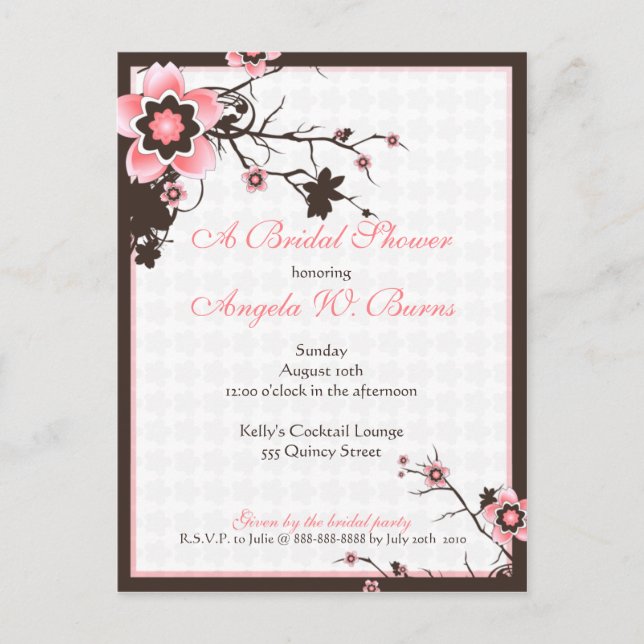 Cherry Blossom Modern Custom Bridal Shower Invitation Postcard (Front)