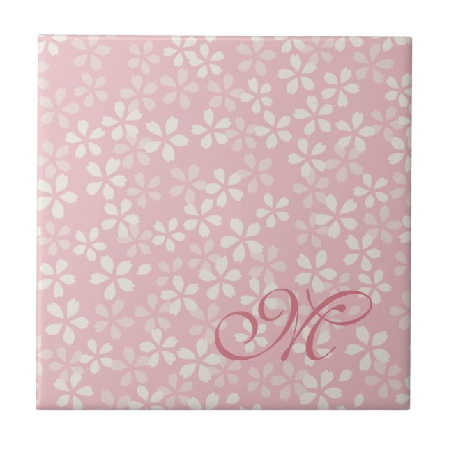Cherry Blossom Monogram. Dusty Rose. Sakura. Tile (Front)