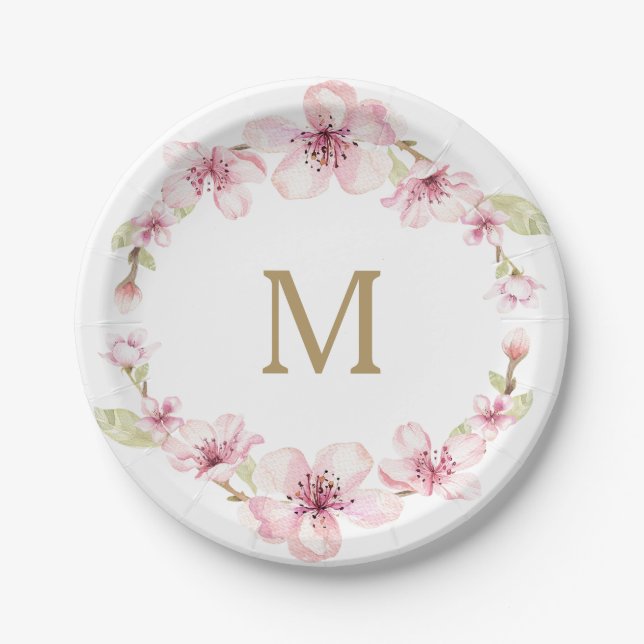 Cherry Blossom Monogram Paper Plates (Front)