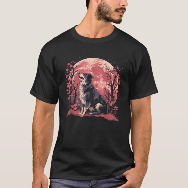 Cherry Blossom Moon Australian Shepherd Aussie Dog T-Shirt (Front)