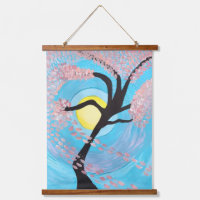 Cherry Blossom Moon Hand Painted Wall Tapestry Art