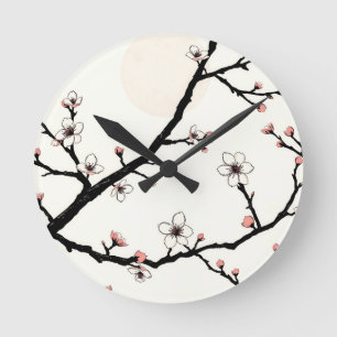 Cherry Blossom Moon Minimal Pattern Round Clock