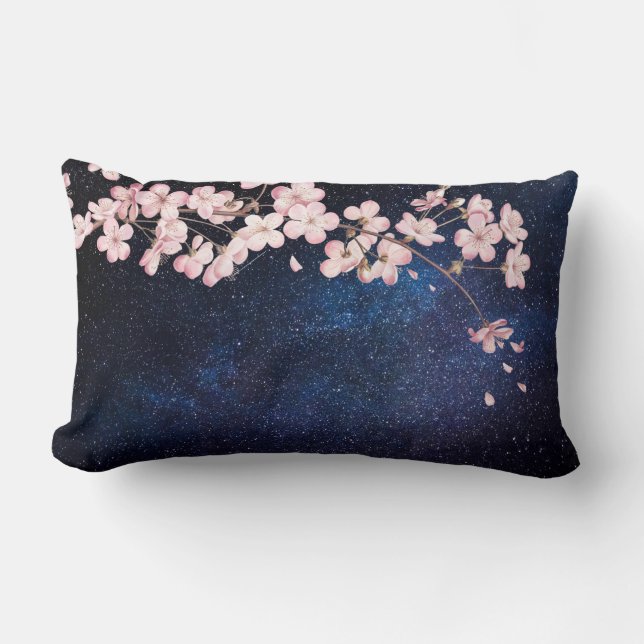 Cherry Blossom Navy Blue Milkyway Nightsky Galaxy Lumbar Cushion (Front)