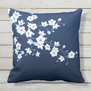 Cherry Blossom Navy Blue White Floral Cushion