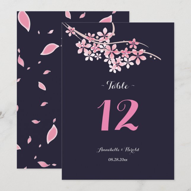 Cherry Blossom navy White floral  table wedding Invitation (Front/Back)