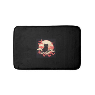 Cherry Blossom Night_ Black Cat and Full Moon Bath Mat