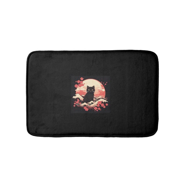 Cherry Blossom Night_ Black Cat and Full Moon  Bath Mat (Front)