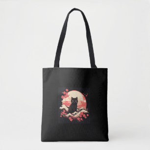 Cherry Blossom Night_ Black Cat and Full Moon  Tote Bag