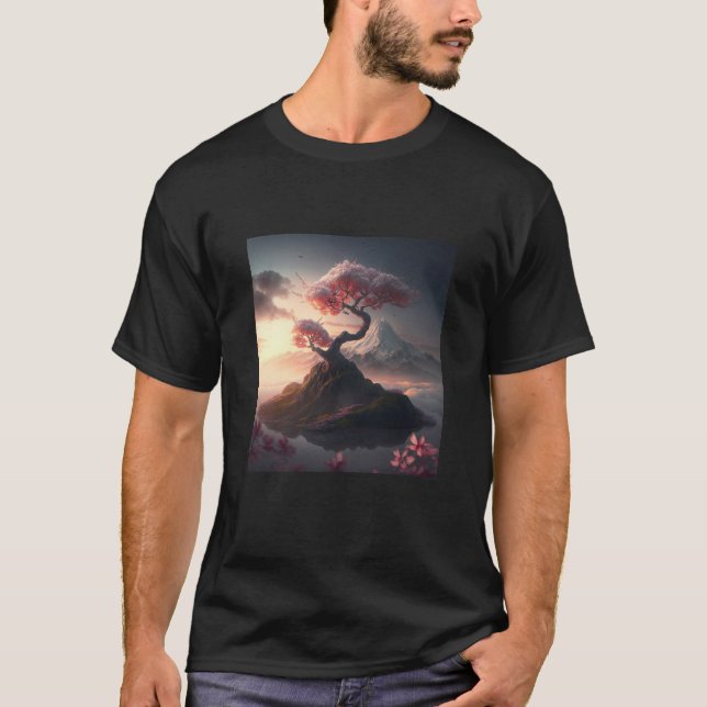 Cherry Blossom on a Mountain sunset epic cinematic T-Shirt (Front)