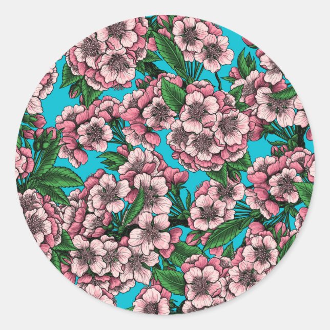 Cherry blossom on blue classic round sticker (Front)
