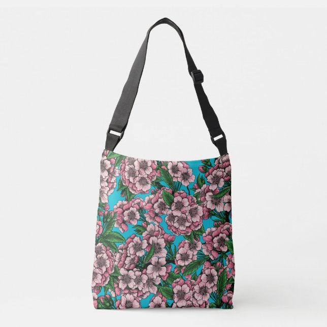 Cherry blossom on blue crossbody bag (Front)