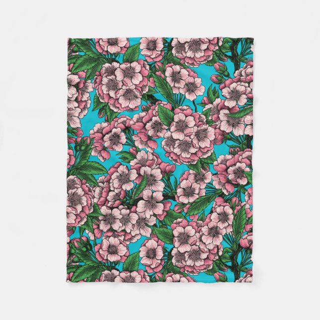 Cherry blossom on blue fleece blanket (Front)