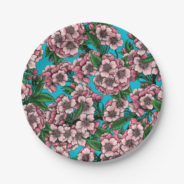 Cherry blossom on blue paper plate (Front)