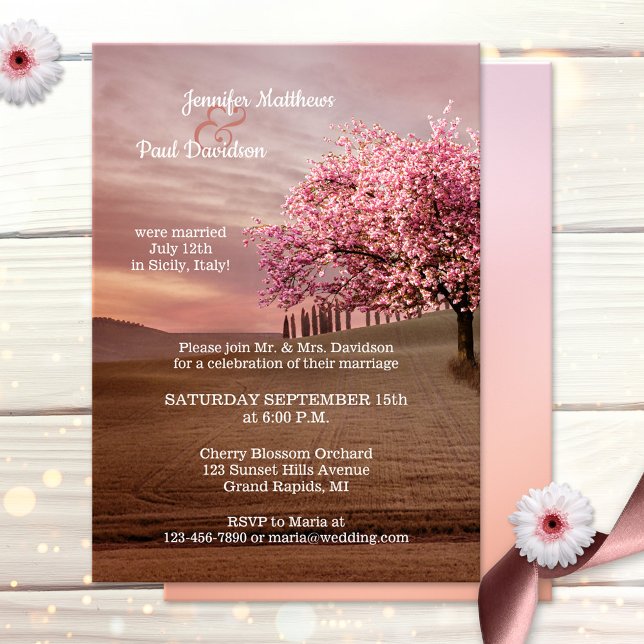 Cherry Blossom Orchard After Wedding Invitation (After wedding party invitation featuring a romantic landscape with blossoming cherry trees)