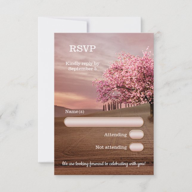 Cherry Blossom Orchard Tree Wedding RSVP Card (Front)