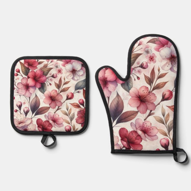 Cherry Blossom Oven Mitt & Pot Holder Set (Front)