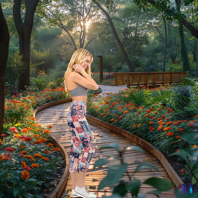 Cherry Blossom Patchwork: Floral Geometric Pattern Capri Leggings (Creator Uploaded)