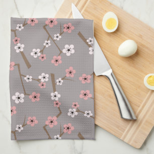 Cherry Blossom Pattern Grey Tea Towel