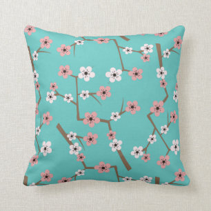 Cherry Blossom Pattern Turquoise Cushion