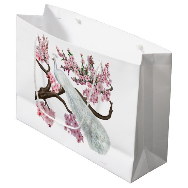 Cherry Blossom Peacock Large Gift Bag (Front Angled)
