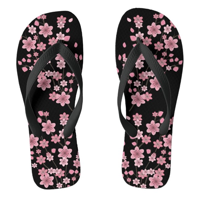 Cherry Blossom Petals Trees Pink Black Flip Flops (Footbed)