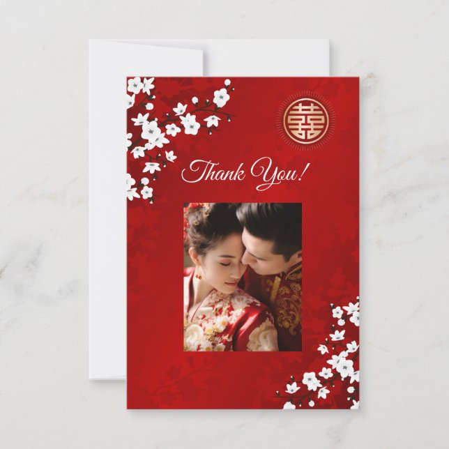 Cherry Blossom Photo Chinese Wedding Thank You Card (Front)