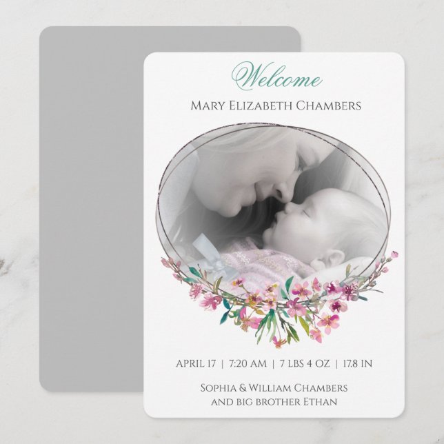Cherry Blossom Photo Template Birth Announcement (Front/Back)