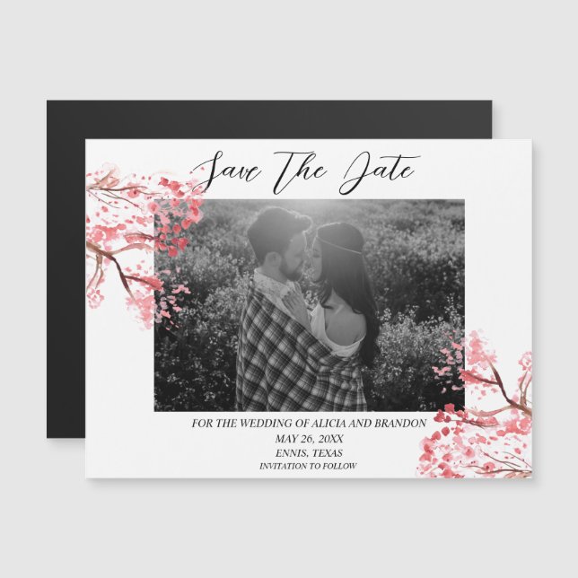 Cherry Blossom Photo Wedding Spring Script Magnet (Front/Back)